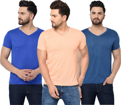 Jangoboy Solid Men V Neck Blue, Orange T-Shirt
