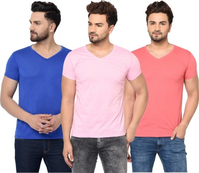 Adorbs Solid Men V Neck Blue, Pink T-Shirt