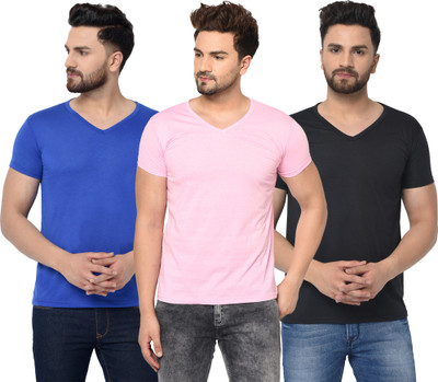 Jangoboy Solid Men V Neck Blue, Black, Pink T-Shirt