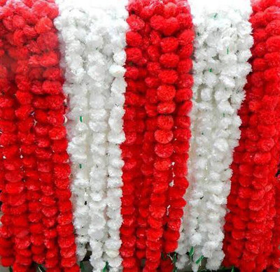 FASHIONER Artificial Marigold Fluffy Flowers String Garlands Toran for Wall Home/Festival/Marriage Decoration Red, White Marigold Artificial Flower(60 inch, Pack of 10, Garlands)