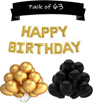 GNGS Solid Happy Birthday Set of 13 Pcs. Golden Foil Letters + 50 Party Balloons (Golden & Black) Letter Balloon(Gold, Black, Pack of 63)