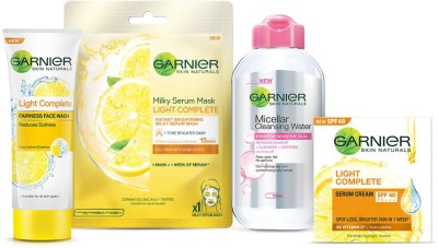 Garnier Skin Naturals SARA'S SKINCARE FAVOURITES (Light Complete Fairness Face Wash 100g + Milky Serum Mask Light Complete 30g x 2 + Light Complete Serum Cream SPF40/PA+++ 45 g + Micellar Cleansing Water 125ml)  (5 Items in the set)