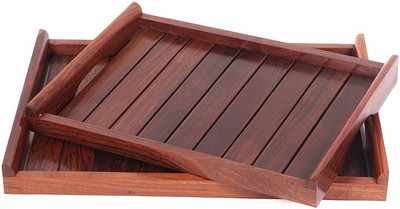 Lookee Shopee Rosewood Sheesham Wood Handmade & Handcrafted Wooden Large Size Serving Tray (Set of 2) Tray