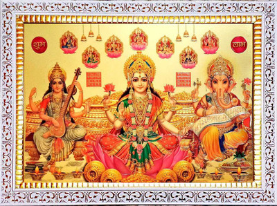 SUNINOW Laxmi Ganesh Saraswati with asht laxmi with white frame |photo frame Religious Frame