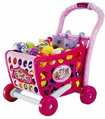 VikriDa 3 in 1 Kids Supermarket Shopping Cart Hand Induction with Light & Sound Pretend Play Toy for Kid with Fruits & Vegetables ( Pink )
