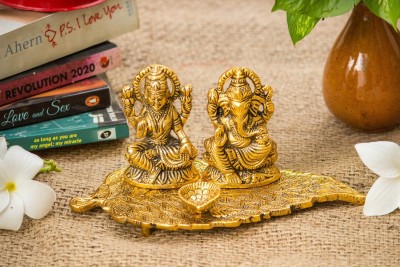 Articia Metal Lord Laxmi Ganesh Idol Statue On Lotus Flower With Diya Murti Pooja Figurine Showpiece (20 X 10 X 10, Gold) Decorative Showpiece  -  10 cm(Aluminium, Gold)