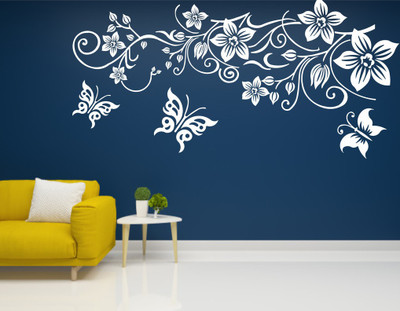 KgnDesigns 58 cm Flower design wall decal Floral Floower and Butterfly wall Decal sticker (pvc vinyl,white color) Self Adhesive Sticker(Pack of 1)