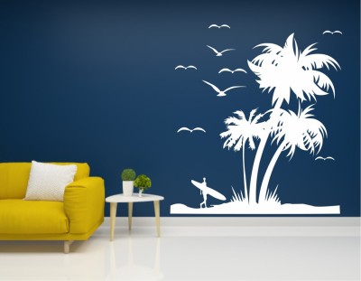 Burhani Decor 75 cm Beach With tree and bird set Wall Decal Sticker (pvc vinyl,white) Self Adhesive Sticker(Pack of 1)