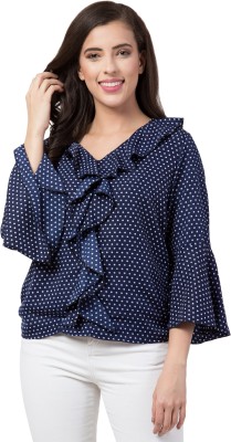 BESTIC FASHION Casual Bell Sleeve Polka Print Women Blue Top