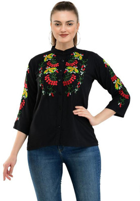 Taaraa Casual 3/4 Sleeve Embroidered Women Black Top