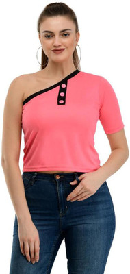 Taaraa Casual Short Sleeve Solid Women Pink Top