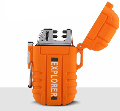 Explorer Outdoor Use Waterproof Windproof Double Arc Pulse Plasma Cigarette Smoking Lighter USB Charging Electric Metal Lighter Mini Pocket Size Double Arc Rechargeable Lighter with Micro USB Cable Cigarette Lighter(Orange)