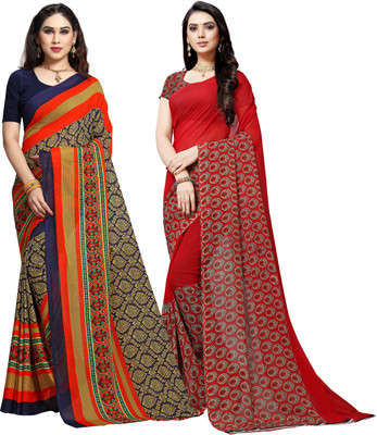 ANAND Printed Daily Wear Georgette Saree(Pack of 2, Red, Blue, Orange)