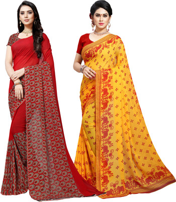 ANAND Printed Daily Wear Georgette Saree(Pack of 2, Red, Yellow)