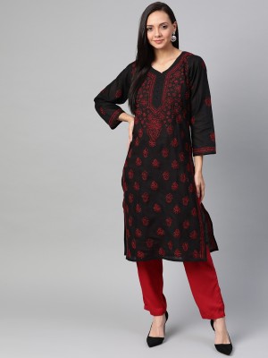 ADA Women Chikan Embroidery, Embroidered Straight Kurta(Black)