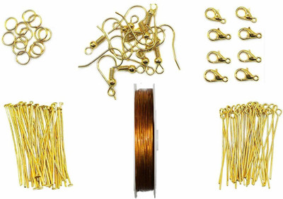 Crafto Jewellery Designing & Creating Material with All Findings, Gear Wire/Tiger Tail, Head Pins, Eye Pins, Earring Hooks, Jump Ring & Lobster & Lobster Clasps - Golden
