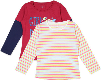 Plum Tree Girls Printed Pure Cotton Regular T Shirt(Multicolor, Pack of 2)