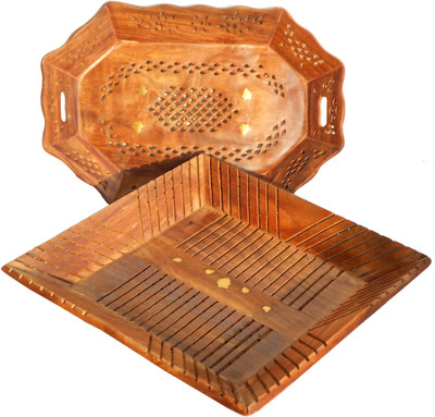 Nohunt VG Wooden Food Serving Hand Crafted Carved Tray for Breakfast, Lunch, Dinner Food Cart Kitchen Combo of 2 (Brown-14x11x4 in) Tray(2 Tray)