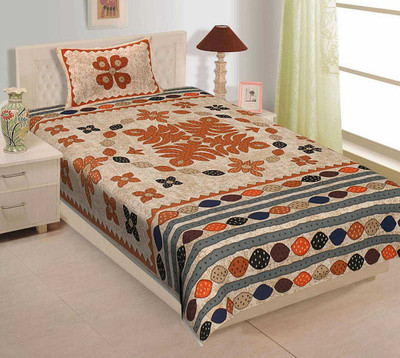 Rajasthani Traditional Cotton Single Flat 300 TC Jaipuri Prints Bedsheet(Pack of 1, Orange)
