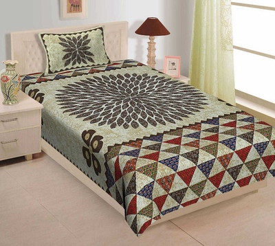 Rajasthani Traditional Cotton Single Flat 300 TC Jaipuri Prints Bedsheet(Pack of 1, Green)