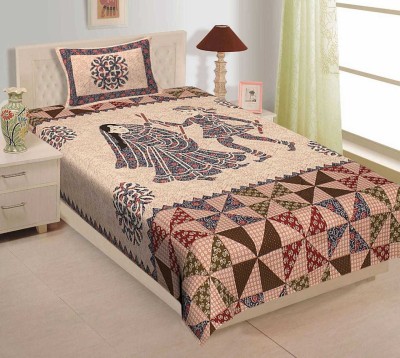 Rajasthani Traditional 300 TC Cotton Single Jaipuri Prints Flat Bedsheet(Pack of 1, Beige)
