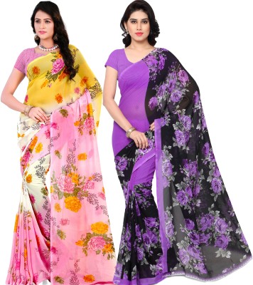 ANAND Printed, Floral Print Daily Wear Georgette Saree(Pack of 2, Purple, Pink, Black, Yellow)