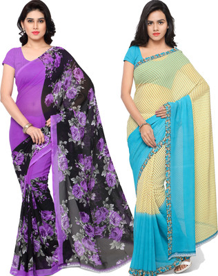 ANAND Printed, Floral Print Daily Wear Georgette Saree(Pack of 2, Purple, Light Blue, Black, Cream)