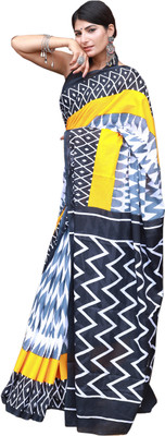 DASTKARPRINT Printed, Color Block, Blocked Printed, Floral Print, Dyed Daily Wear Pure Cotton Saree(Yellow)