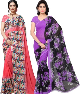 Anand Printed, Floral Print Daily Wear Georgette Saree(Pack of 2, Purple, Pink, Black)