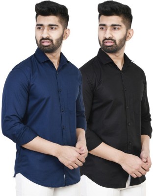 IKG Men Solid Casual Dark Blue, Black Shirt(Pack of 2)