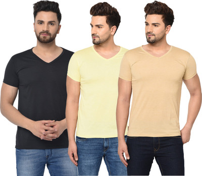 Jangoboy Solid Men V Neck Black, Beige, Yellow T-Shirt