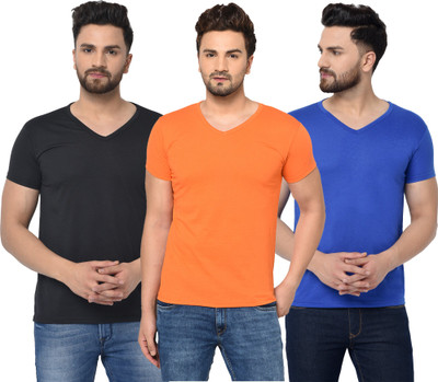 Jangoboy Solid Men V Neck Blue, Black, Orange T-Shirt