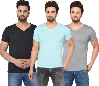 Adorbs Solid Men V Neck Light Blue, Black, Grey T-Shirt