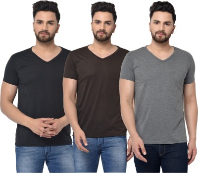 Jaskart Solid Men V Neck Brown, Black, Grey T-Shirt