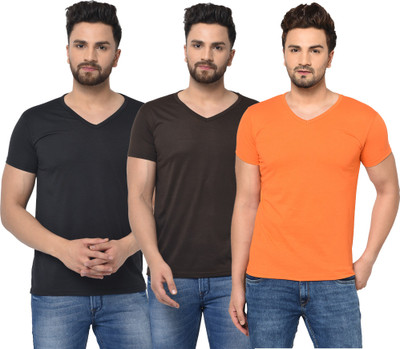 Adorbs Solid Men V Neck Brown, Black, Orange T-Shirt