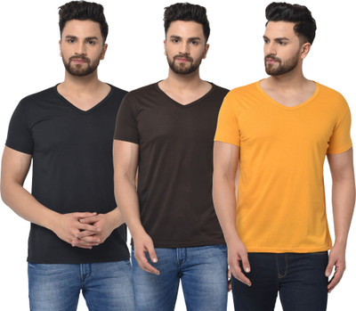 Jangoboy Solid Men V Neck Brown, Black, Yellow T-Shirt
