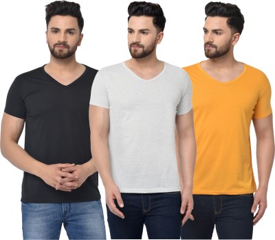 Jaskart Solid Men V Neck White, Blue, Yellow T-Shirt