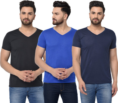 Jangoboy Solid Men V Neck Dark Blue, Blue, Black T-Shirt
