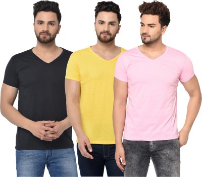 Jangoboy Solid Men V Neck Black, Pink, Yellow T-Shirt