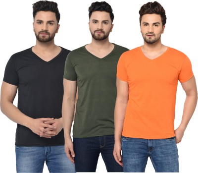 Unite Wear Solid Men V Neck Dark Green, Black, Orange T-Shirt