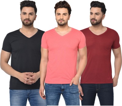 Adorbs Solid Men V Neck Maroon, Pink, Black T-Shirt