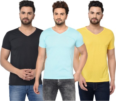 Jaskart Solid Men V Neck Light Blue, Black, Yellow T-Shirt