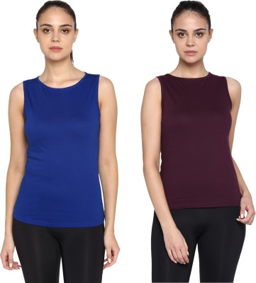 Ap'pulse Solid Women Round Neck Blue, Maroon T-Shirt