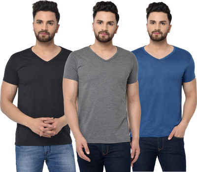Jangoboy Solid Men V Neck Dark Blue, Black, Grey T-Shirt