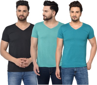 Adorbs Self Design Men V Neck Light Blue, Blue, Black T-Shirt