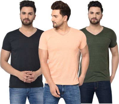 Jaskart Solid Men V Neck Dark Green, Black, Orange T-Shirt