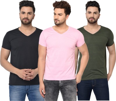 Jaskart Solid Men V Neck Dark Green, Black, Pink T-Shirt