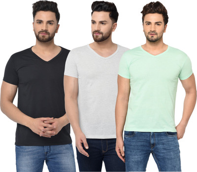 Jangoboy Solid Men V Neck Light Blue, White, Black T-Shirt