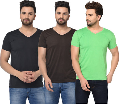 Jangoboy Solid Men V Neck Green, Brown, Black T-Shirt