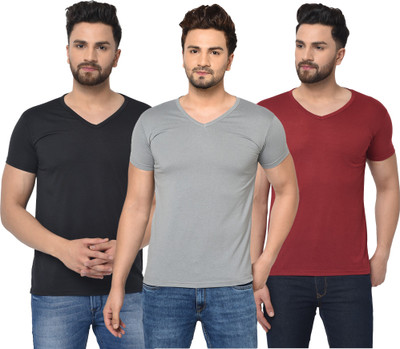 Jaskart Self Design Men V Neck Maroon, Black, Grey T-Shirt